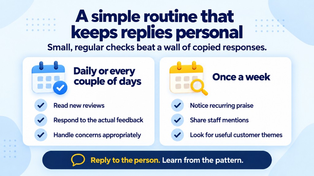 A simple Google review response routine: check new reviews every couple of days, and once a week look for recurring praise, staff mentions, and useful customer themes