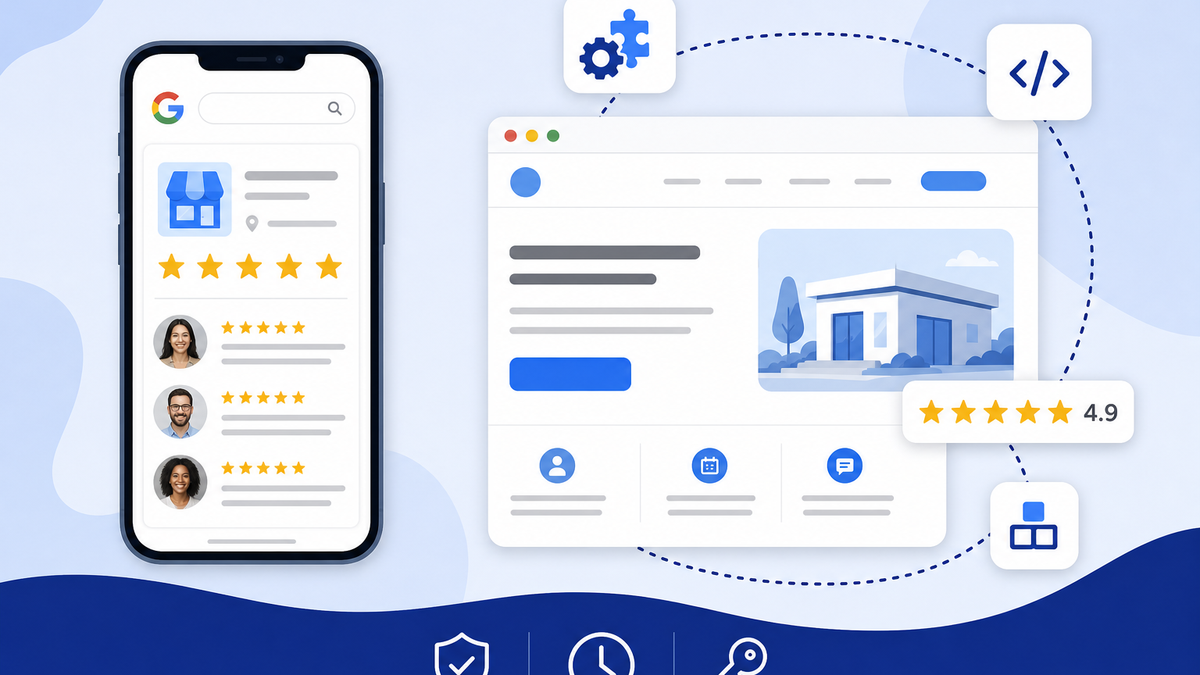 Illustration of a Google reviews rating badge being installed on a website, connected to plugin, embed code, storefront, and page-builder icons representing every platform install method
