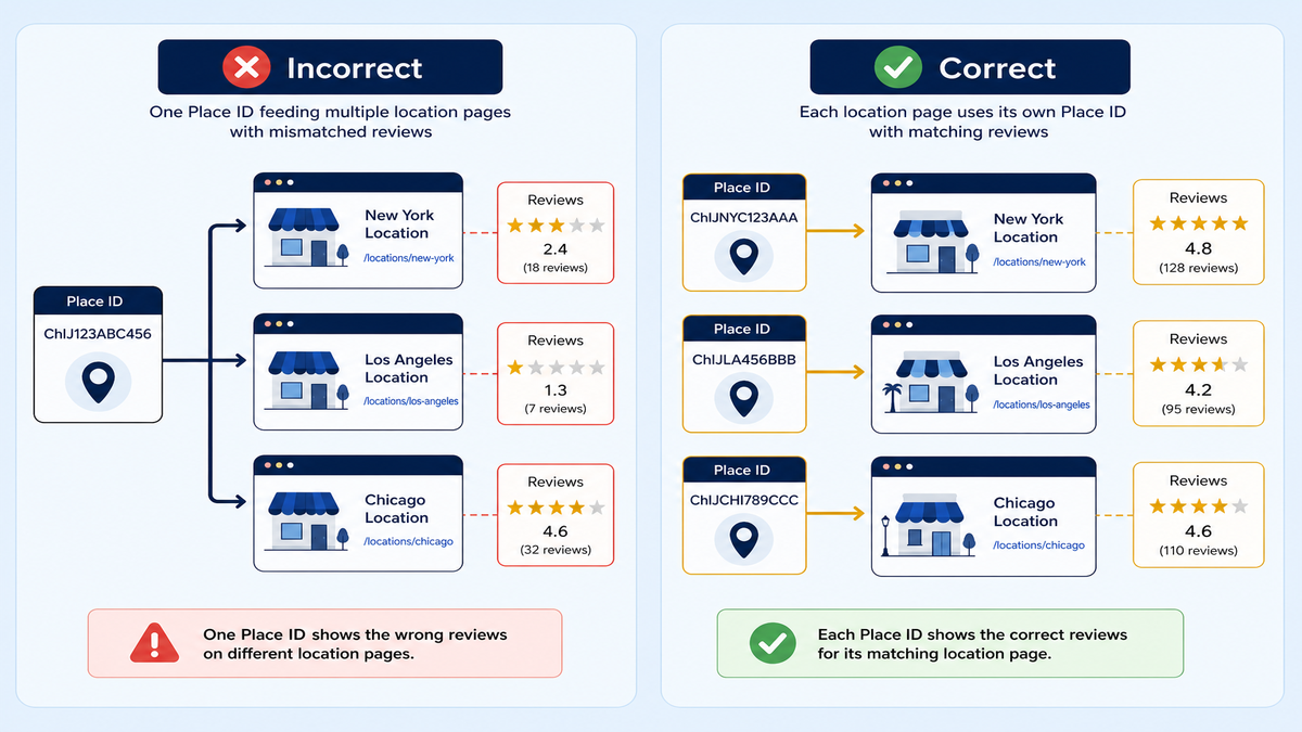 Diagram comparing an incorrect setup where one Place ID feeds every location page versus a correct setup where each location page has its own matching Place ID