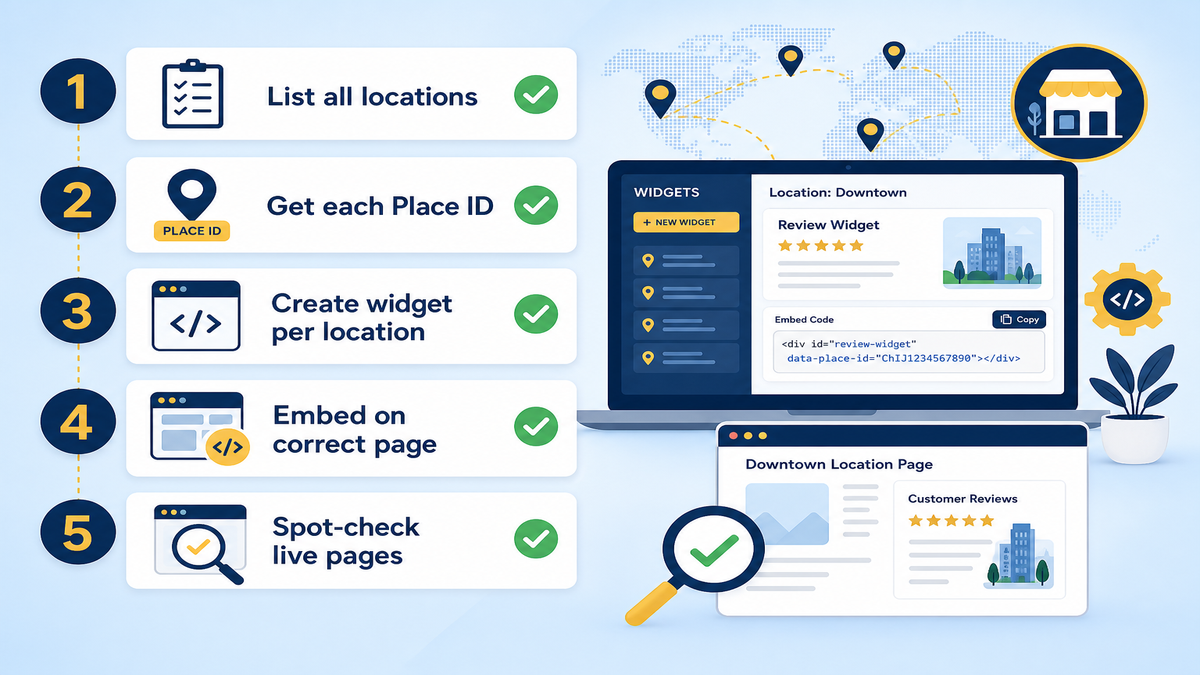 Visual checklist of five multi-location widget setup steps ending with a confirmation to spot-check that live pages match their location