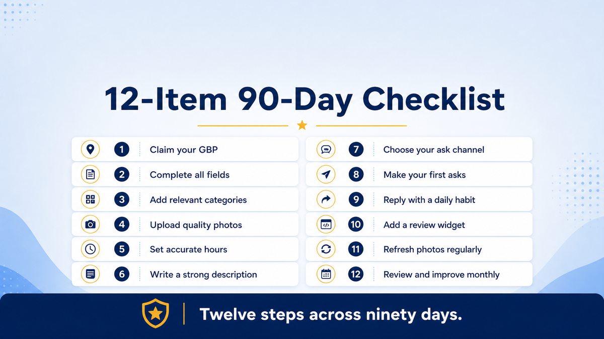 Twelve-item ninety-day Google reviews checklist for new businesses