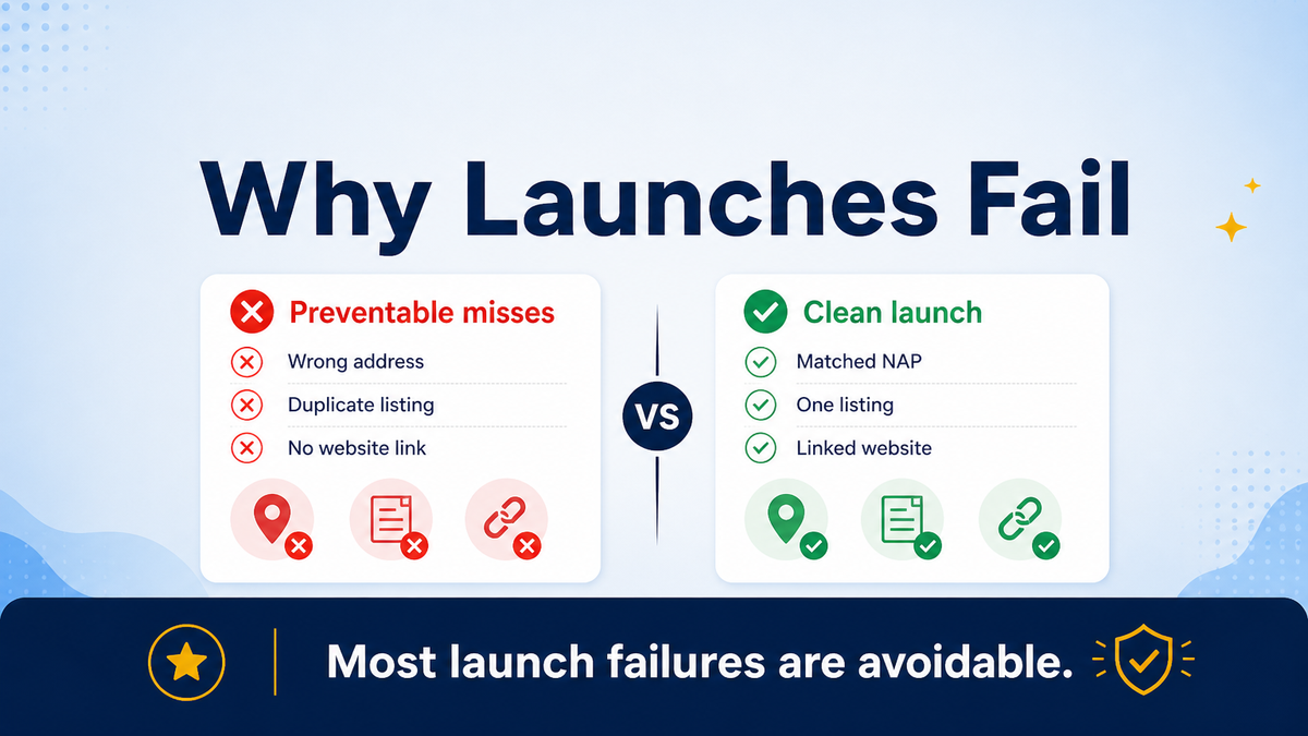 Why new-location GBP launches fail: late claim, wrong NAP, missing photos, forgotten website link
