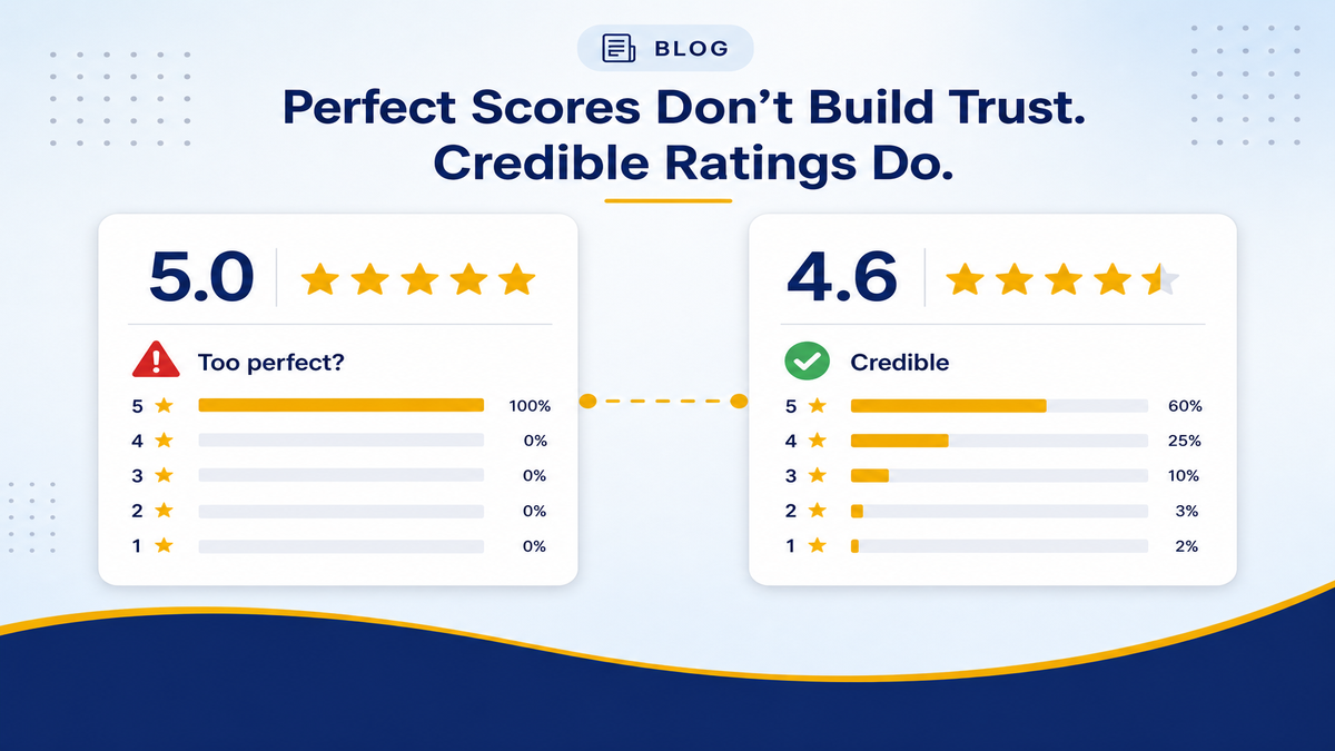 Side-by-side comparison of a perfect 5.0 Google rating that looks suspicious versus a credible 4.6 rating with varied review history