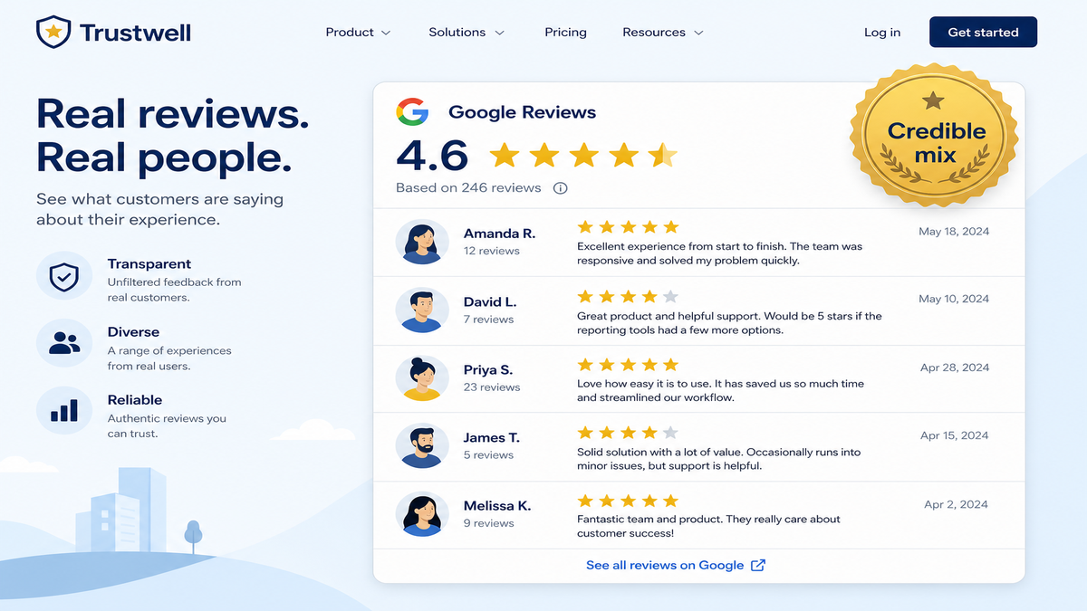Website reviews widget showing a credible mix of four and five star Google reviews with varied reviewer names and recent dates