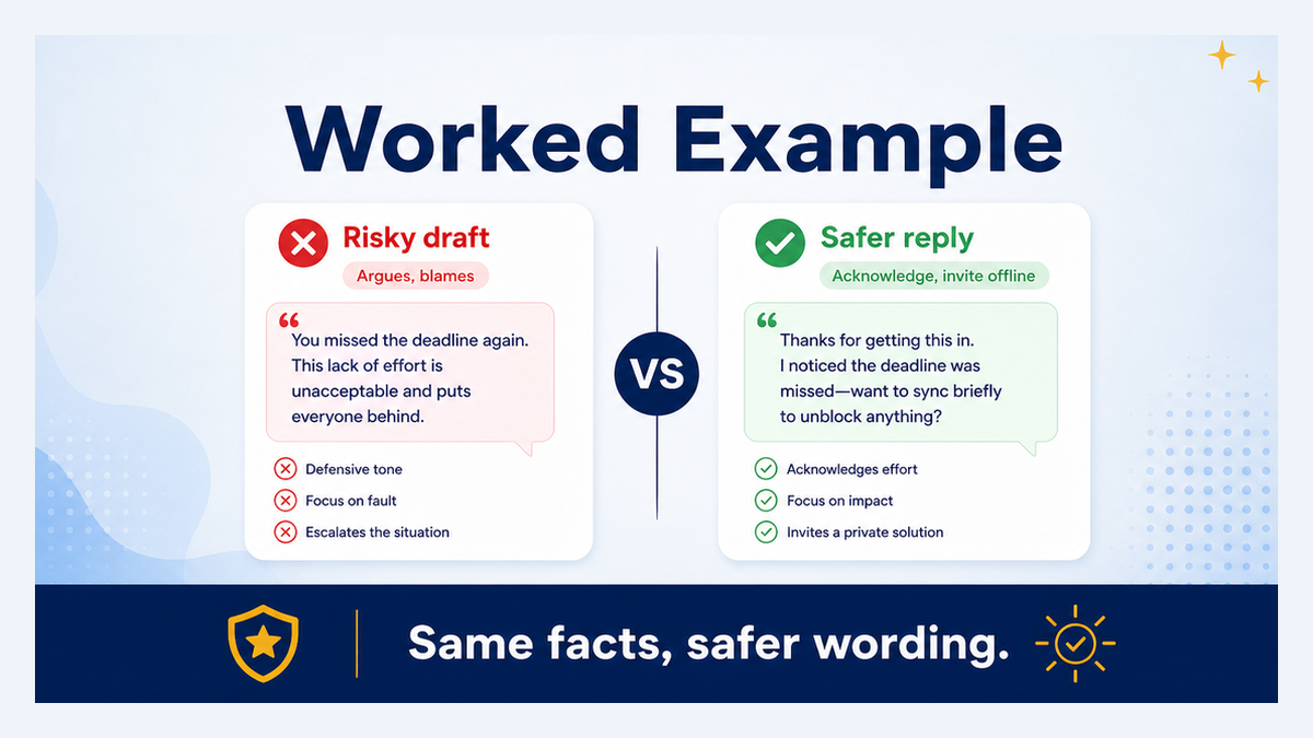 Worked example rewriting a risky review reply into a safer professional response