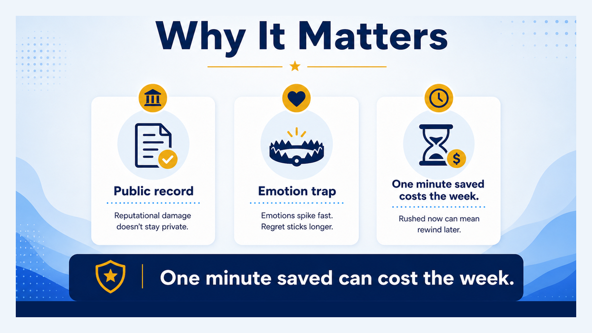 Why a pre-publish check matters: rushed reply versus calm checked reply