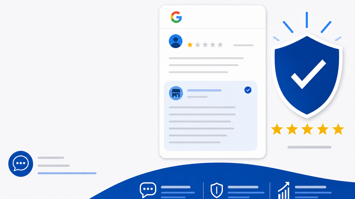 Illustration of a one-star Google review with a calm, verified business owner reply underneath it, next to a shield and checkmark icon and a five-star rating badge representing a protected reputation