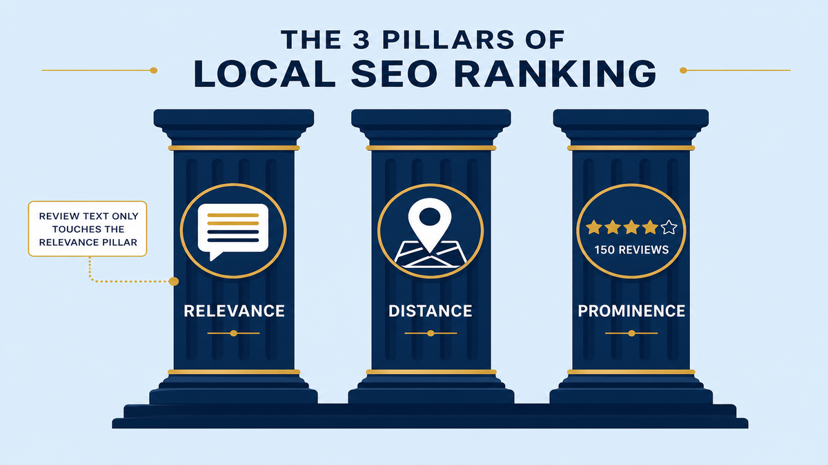 Diagram of Google's three local ranking pillars — relevance, distance, and prominence — showing which ones review text and review count can plausibly influence