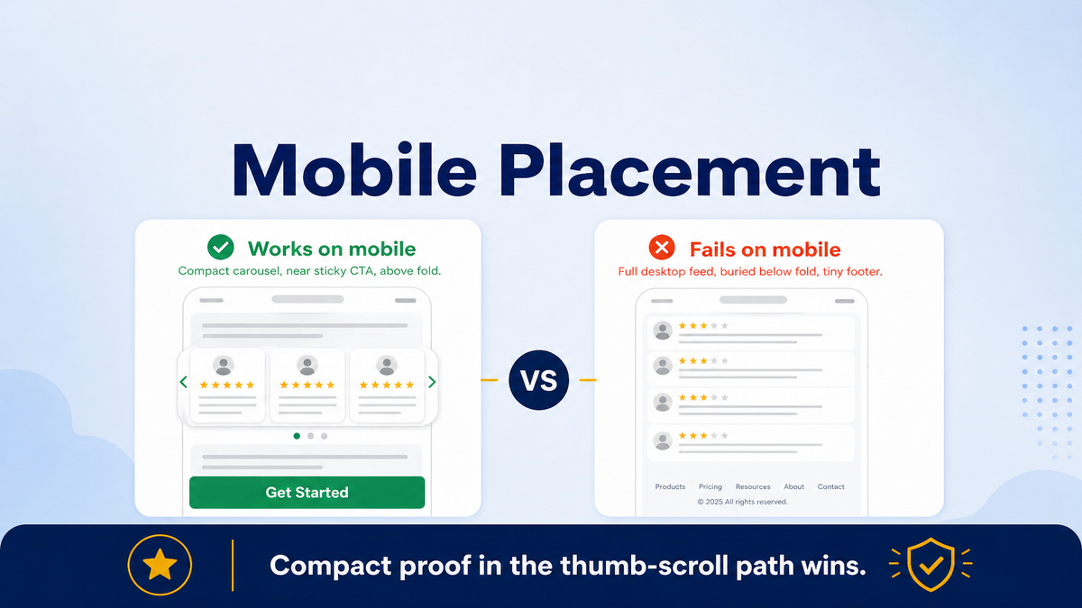 Mobile placement: compact badge near CTA versus reviews buried below the fold
