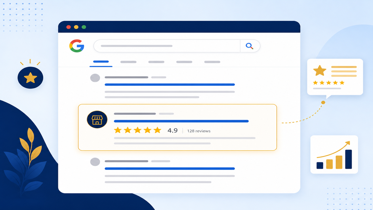 Illustration of a search results page with a crossed-out star rating snippet next to a Google Maps pin showing an actual five-star rating badge