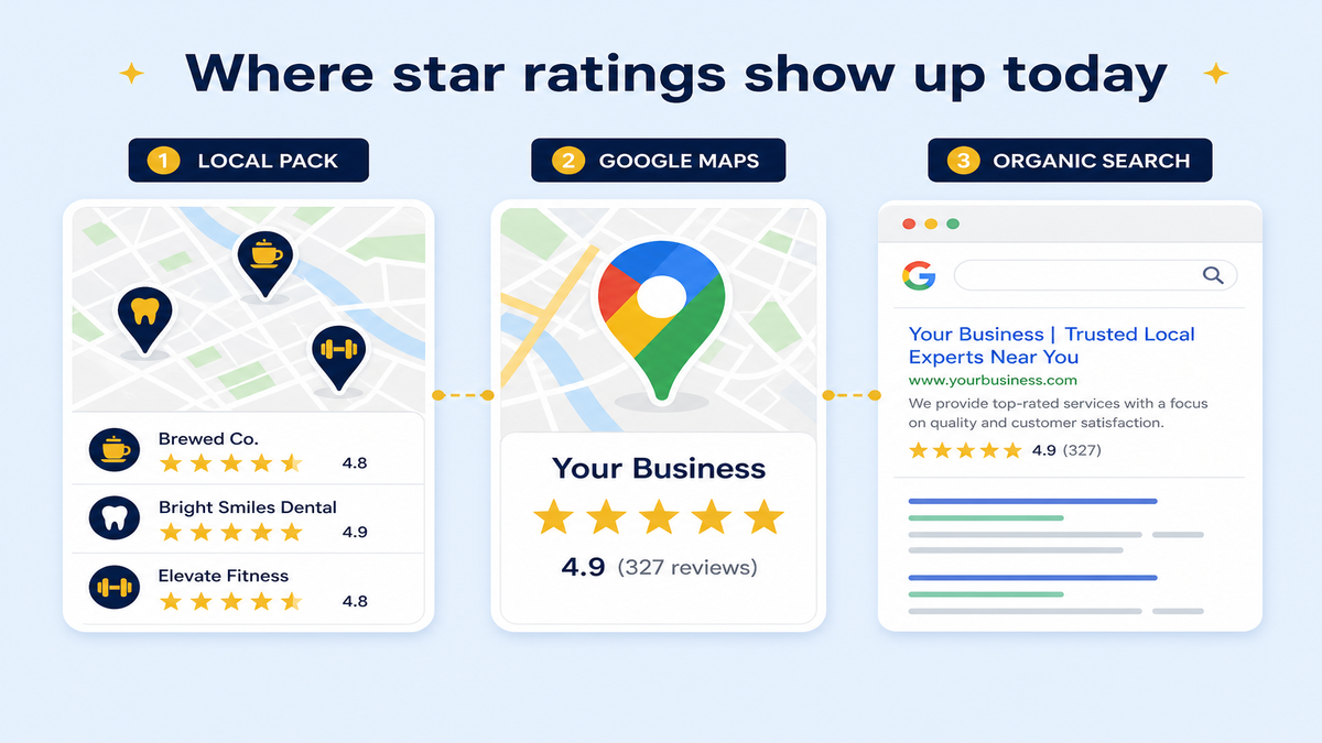 Comparison of a Google Maps local pack listing showing a visible star rating against a website's own aggregateRating schema which no longer shows stars in search