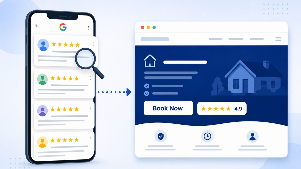 Illustration of a customer reading Google review cards on a phone before clicking a Book Now button with a 4.9 star rating on a service business website