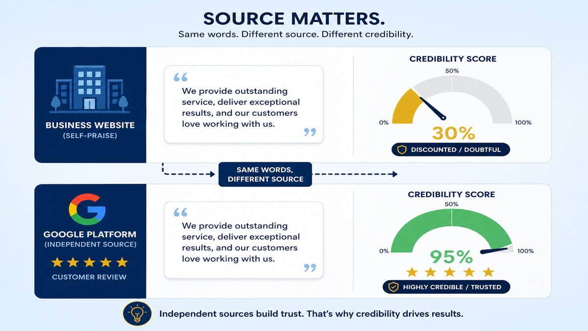 Diagram of source credibility showing a business praising itself with a discounted claim versus an independent platform where the same claim is believed
