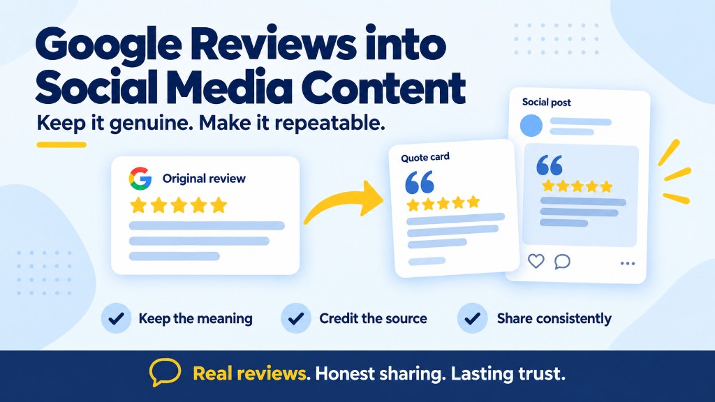 Illustration of a Google review becoming a quote card and then a social media post, with checkmarks for keeping the meaning, crediting the source, and sharing consistently