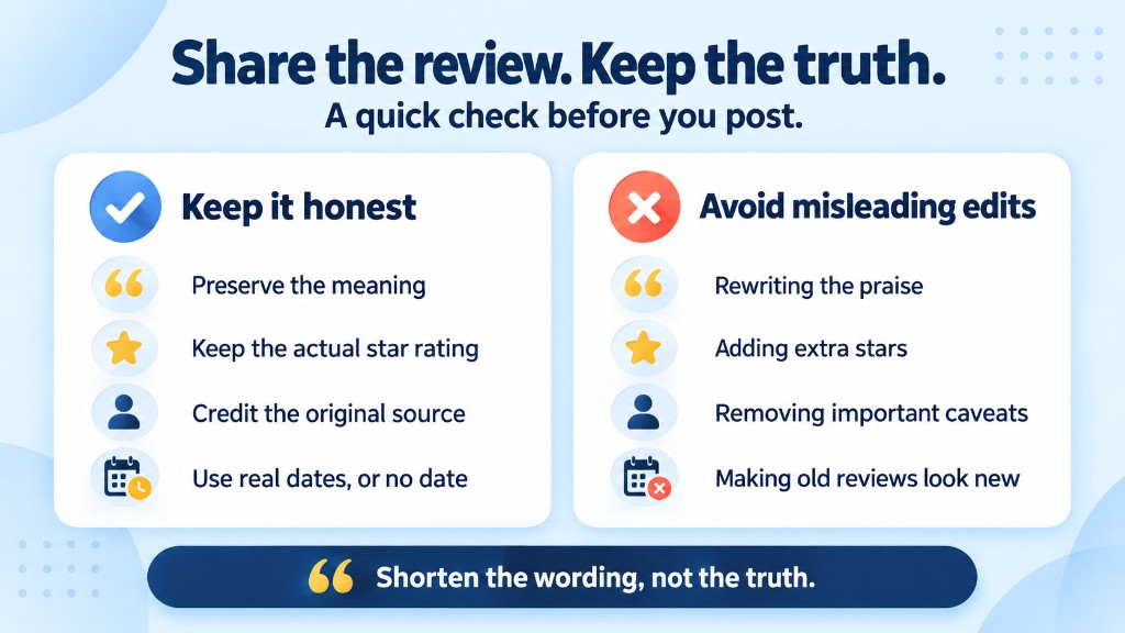 Side-by-side checklist: keep a shared review honest by preserving meaning, star rating, original source and real dates, versus misleading edits such as rewriting praise or adding extra stars