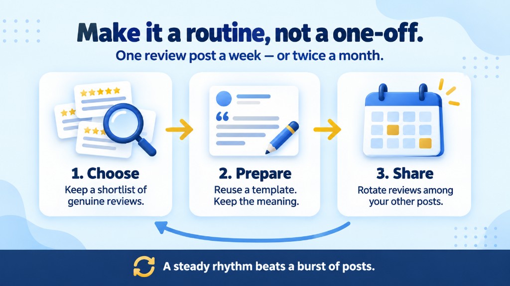 Three-step routine for posting Google reviews: choose genuine reviews, prepare them with a template, then share them on a weekly or twice-monthly cadence