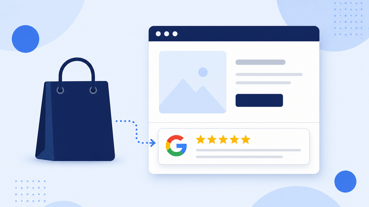 Illustration of a Shopify product page with a Google reviews widget card showing a five-star rating next to the Add to Cart button