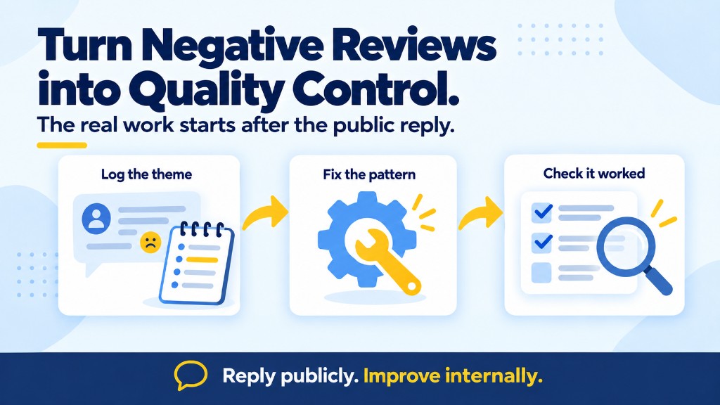 Turn negative Google reviews into quality control: log the theme, fix the pattern, then check that the fix worked