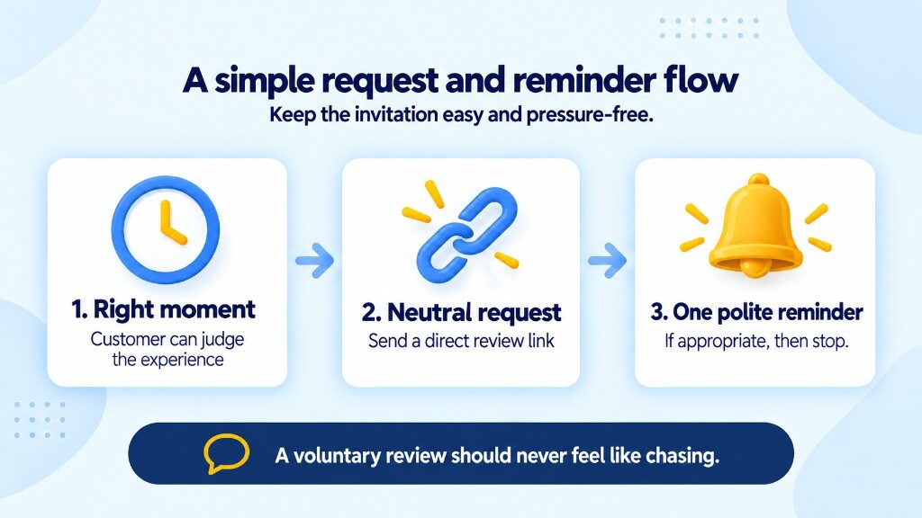 A simple Google review request flow: the right moment, a neutral request with a direct link, then one polite reminder if appropriate