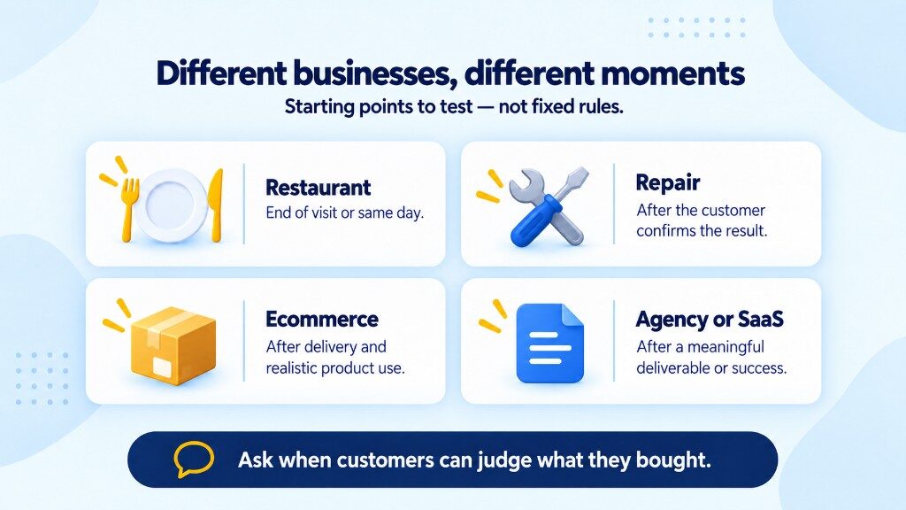 Starting points for Google review timing: restaurants at the end of the visit, repairs after the result is confirmed, ecommerce after delivery and use, and agencies after a meaningful deliverable