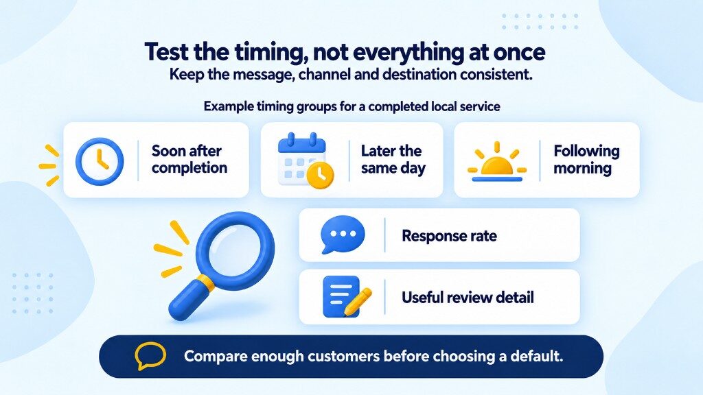 How to test Google review request timing: compare soon after completion, later the same day, and the following morning while keeping message, channel and destination consistent