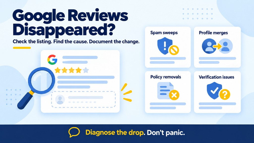 Google reviews disappeared? Check the listing, find the cause, document the change — spam sweeps, profile merges, policy removals, verification issues