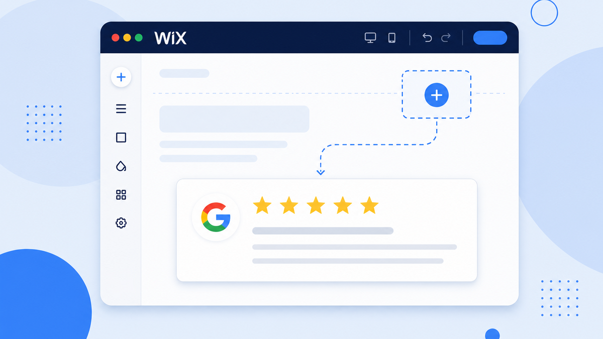 Illustration of a Wix site editor canvas with a Google reviews widget card featuring a five-star rating being added as a custom element
