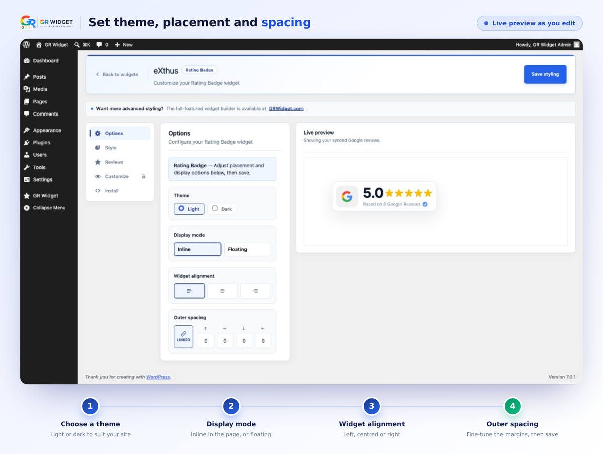 GR Widget Options tab in WordPress with light and dark theme choices, inline or floating display mode, widget alignment, and outer spacing controls, next to a live rating badge preview