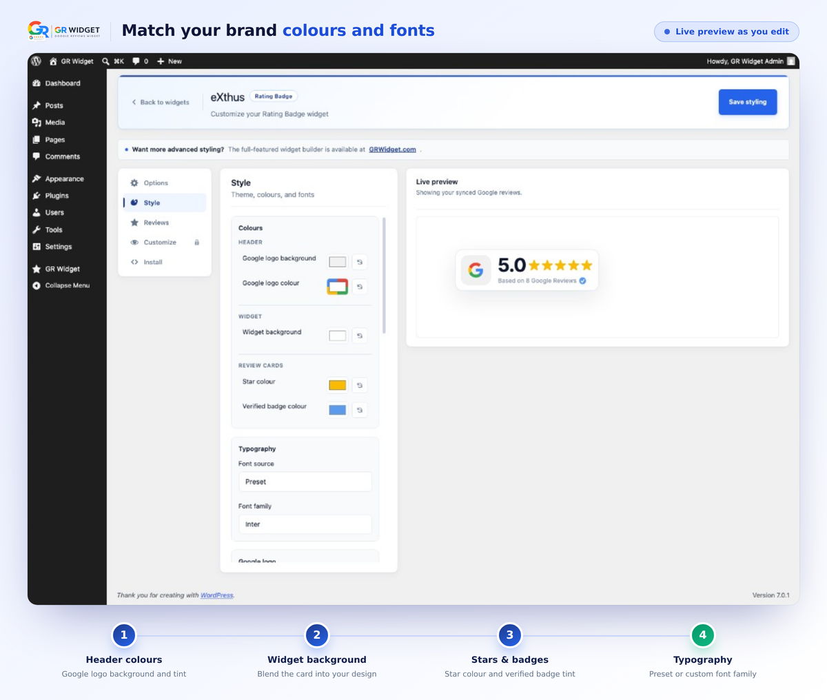 GR Widget Style tab in WordPress with colour pickers for the Google logo, star colour, and verified badge, plus typography options and a live widget preview