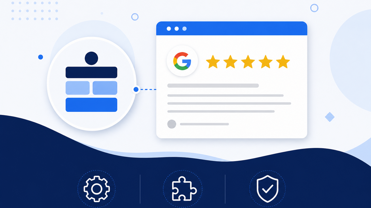 Illustration of the GR Widget WordPress plugin icon connected to a Google reviews widget card with a five-star rating, representing a WordPress site with Google reviews embedded