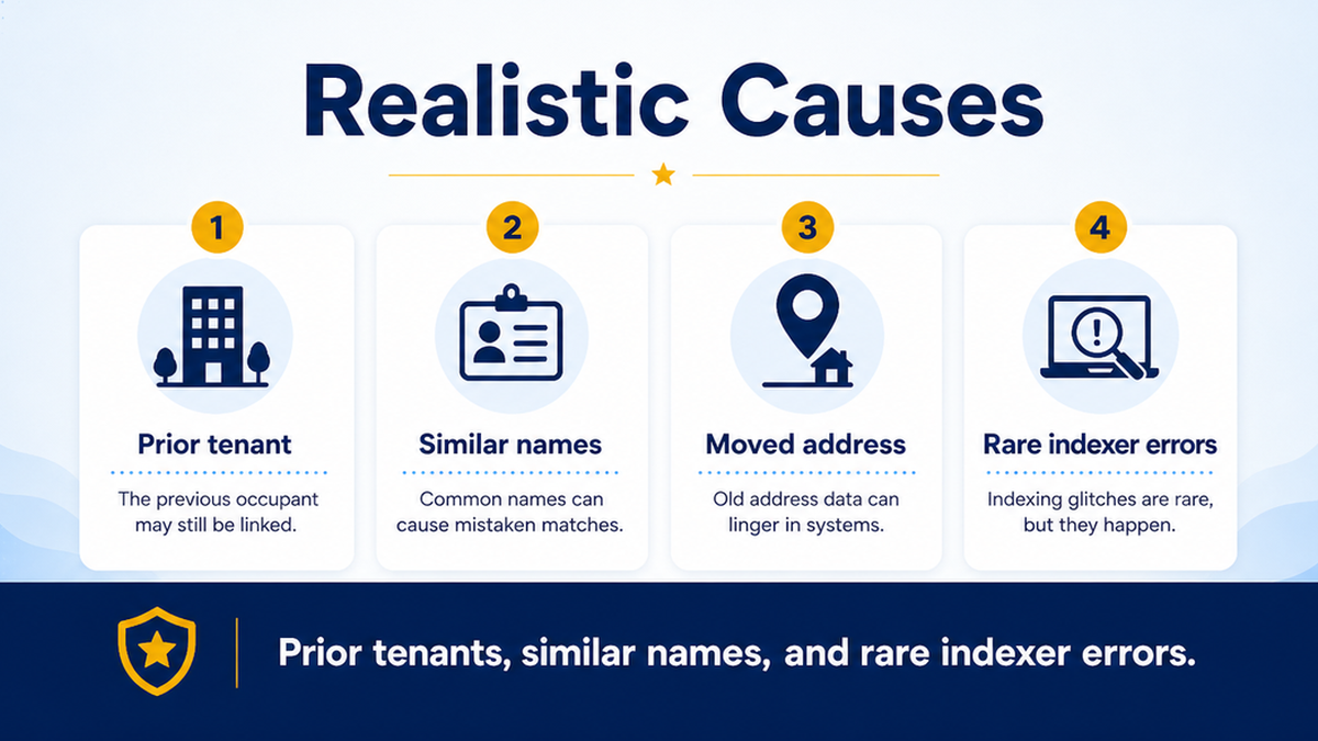 Realistic causes of wrong reviews in search: prior tenant, similar names, indexer mix-ups