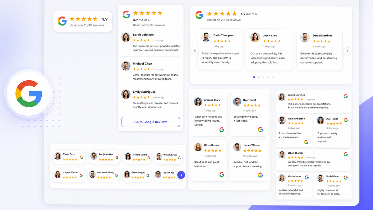 Google review widget embeds — rating badges, review feeds, and stickers