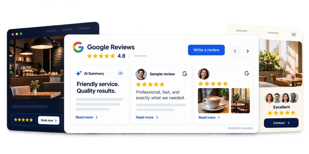 Illustrative review layouts on a website, a review card and a phone