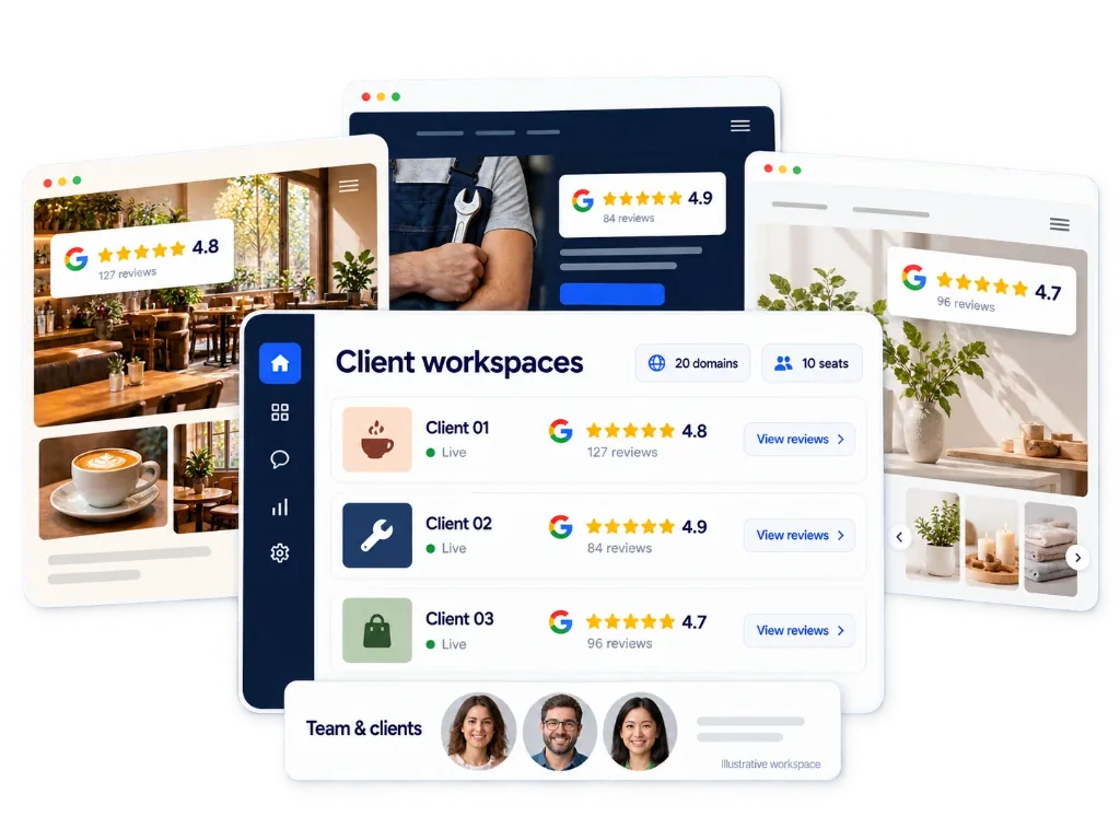 Illustrative client workspaces across several websites