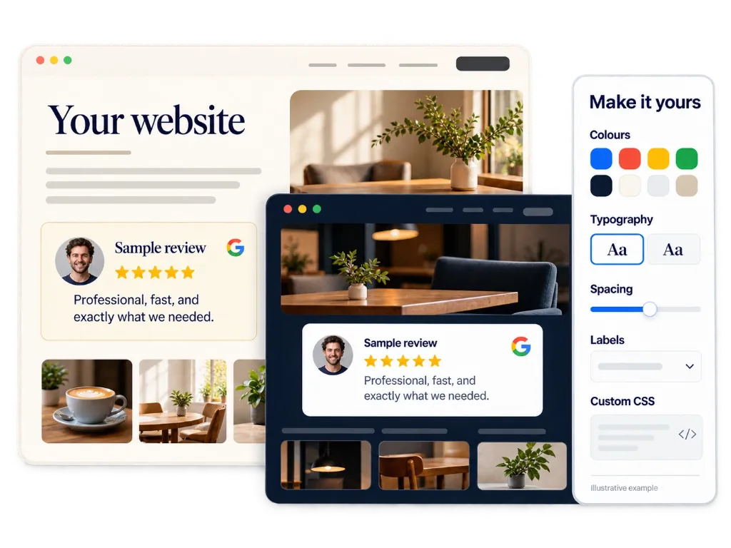 Illustrative website and review widget beside colour, type and spacing controls