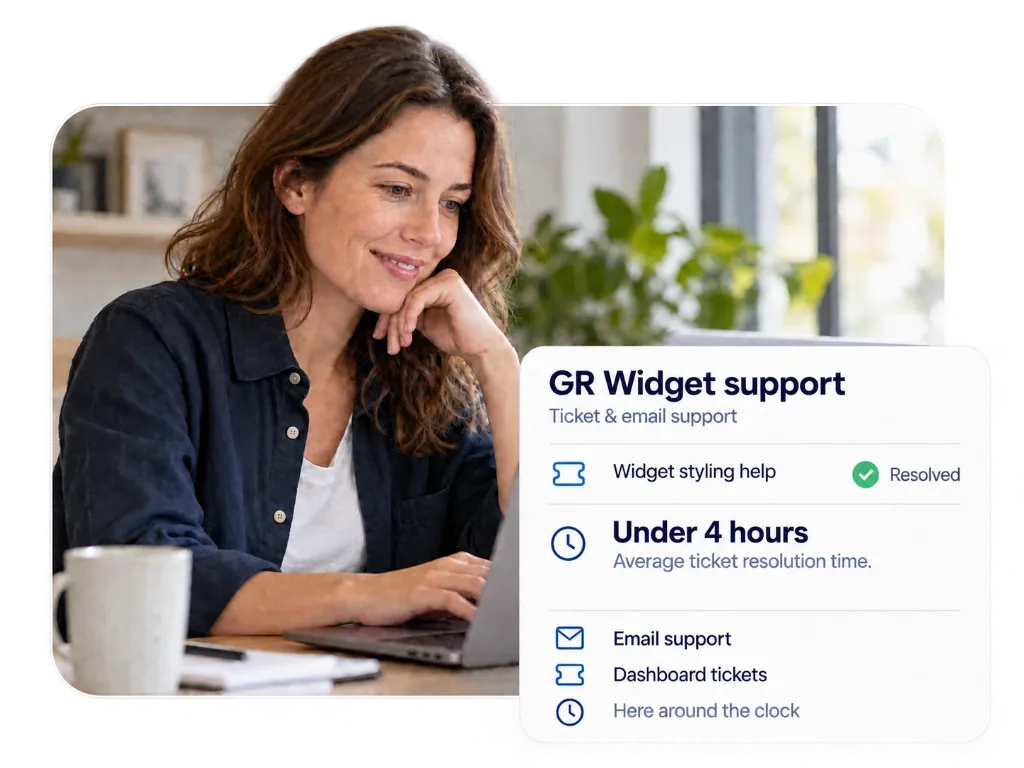 A person at a laptop beside a GR Widget support card, with styling help marked resolved
