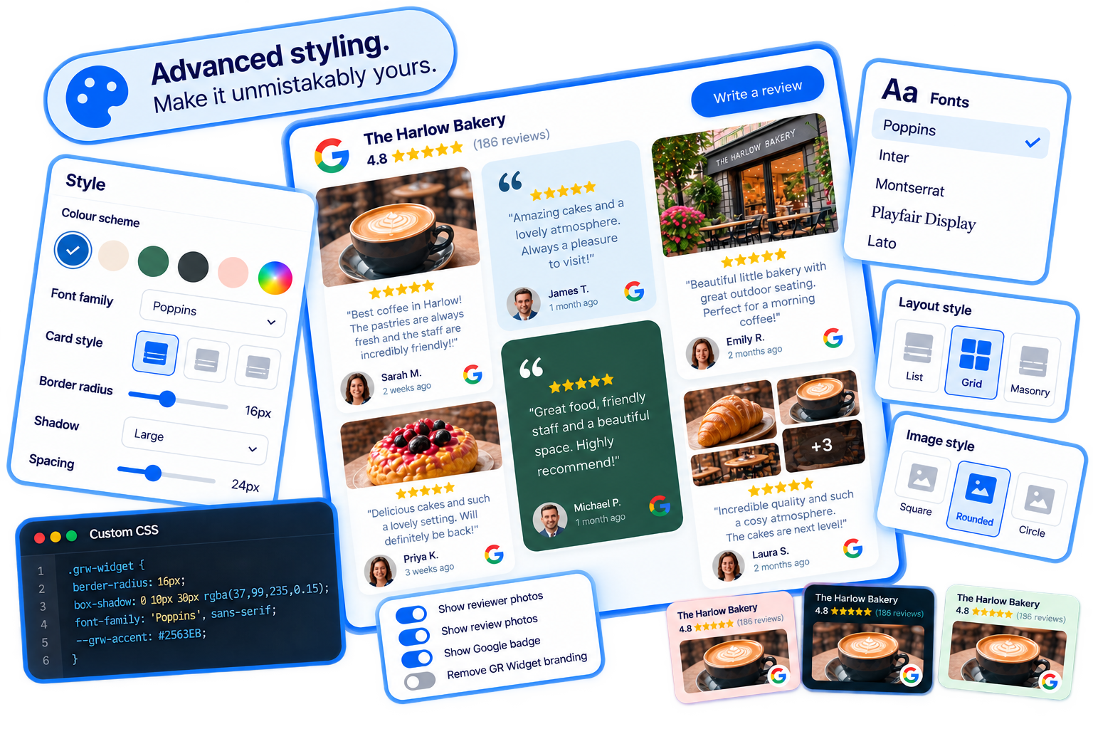 Illustration of a customised Google reviews widget with colour, font, CSS and branding controls. Sample styling, not a live widget.