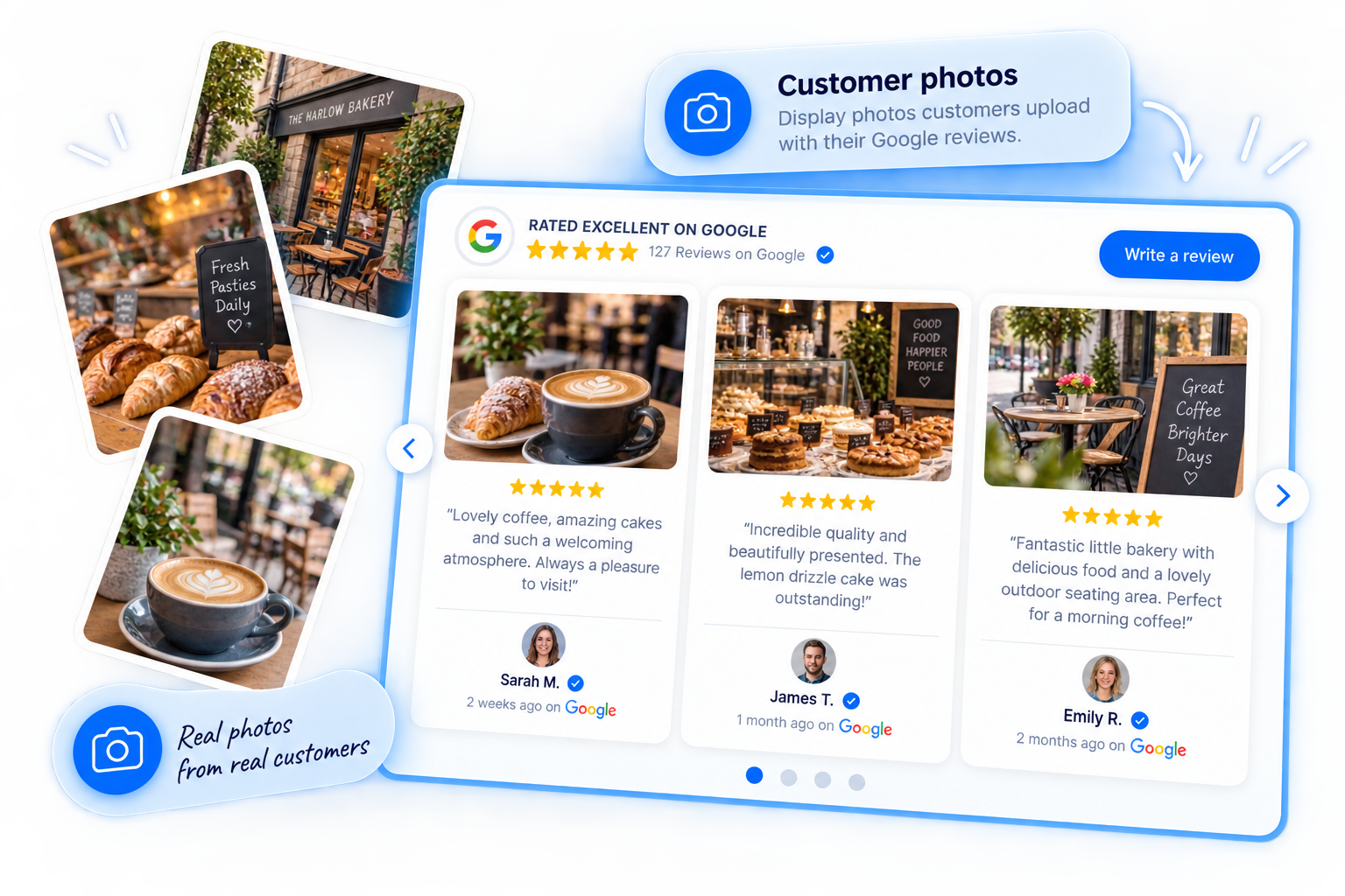 Illustration of a Google reviews widget showing customer-uploaded photos with reviews. Sample photos, not a live widget.